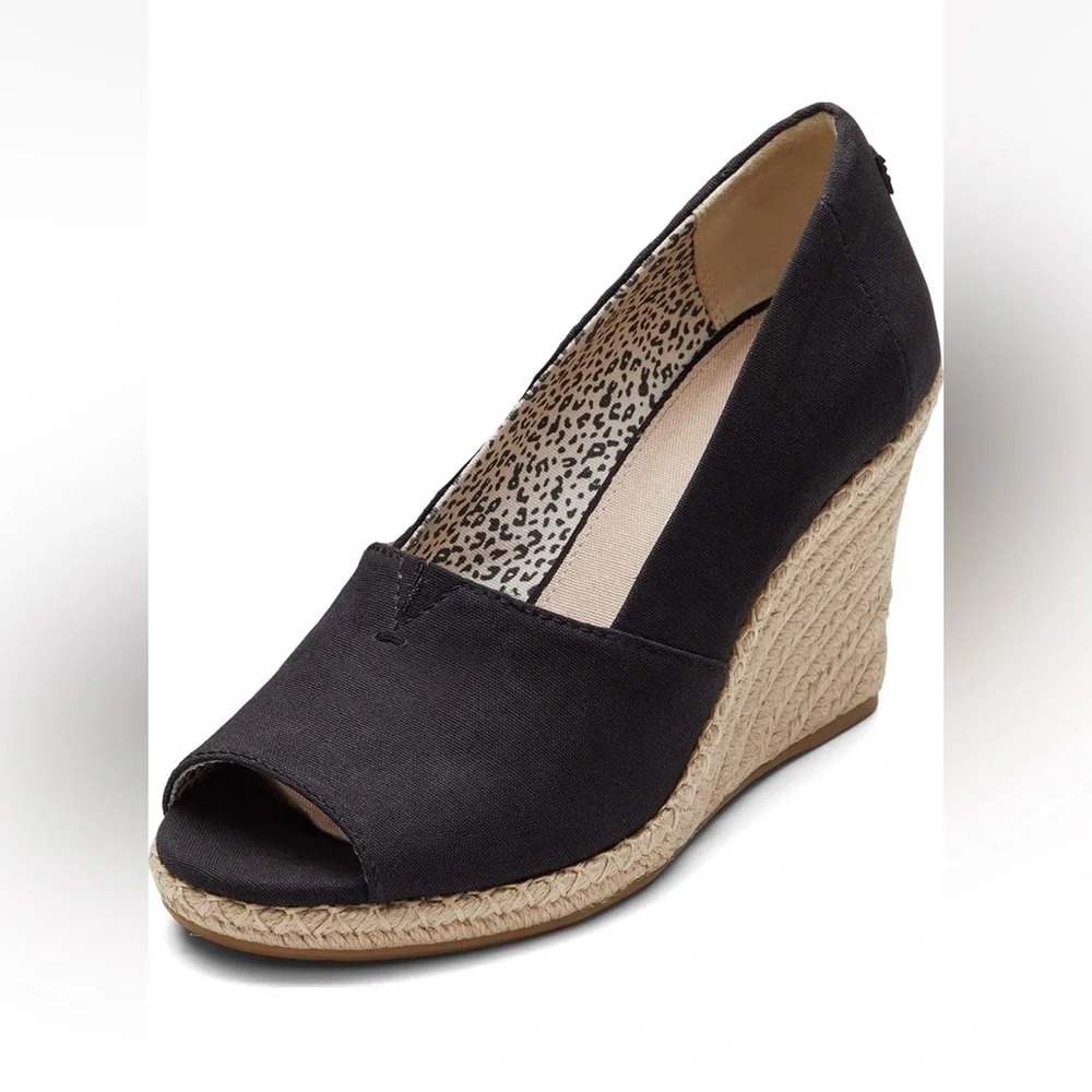 NWOT TOMS | Women’s Black Canvas Peep-Toe Michelle Wedge Espadrille Heels Sz 12